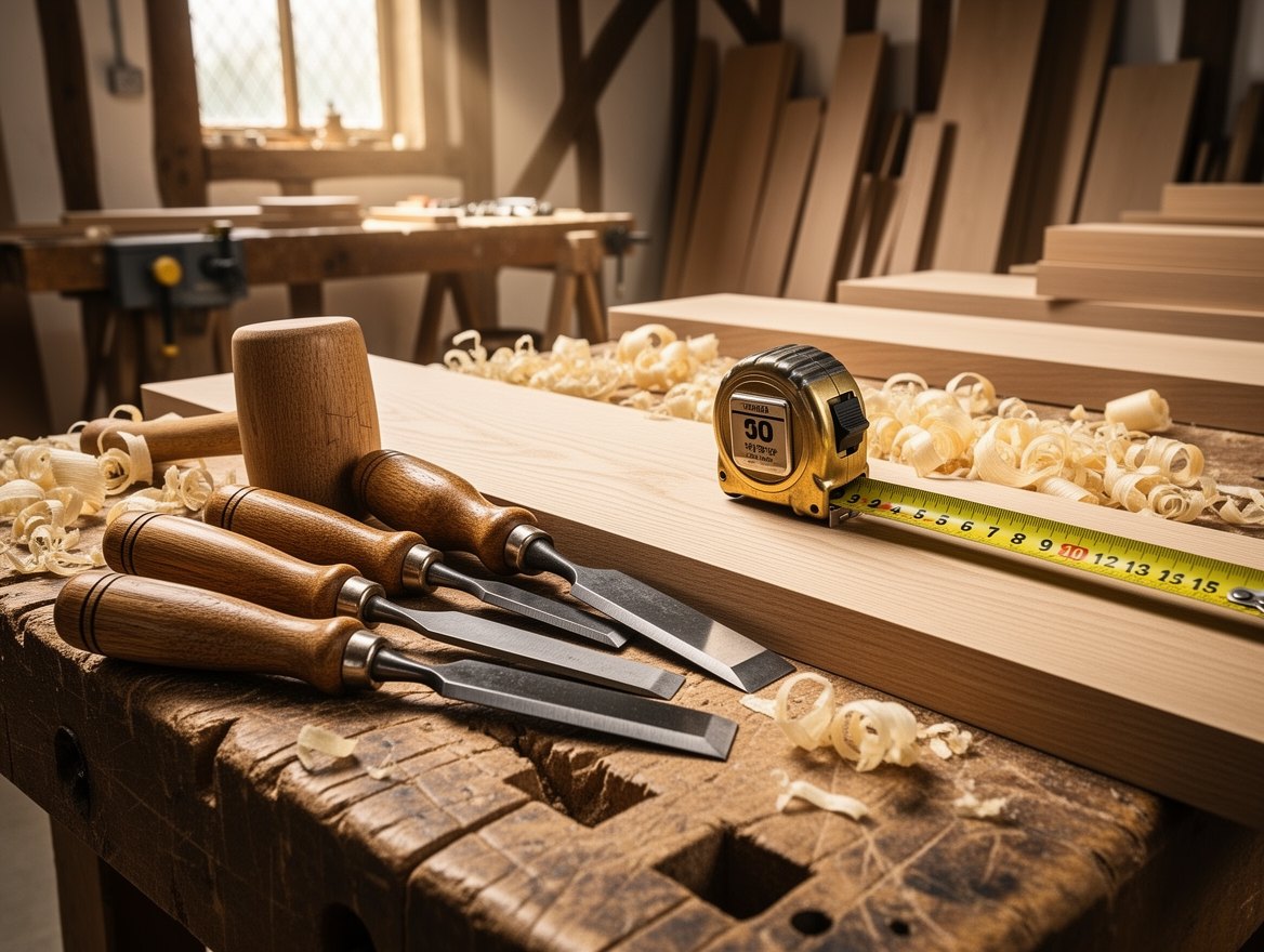 Carpenter's workbench with planed oak and traditional joinery tools